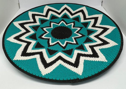 African telephone wire plate - 35cm - Teal, White and Black
