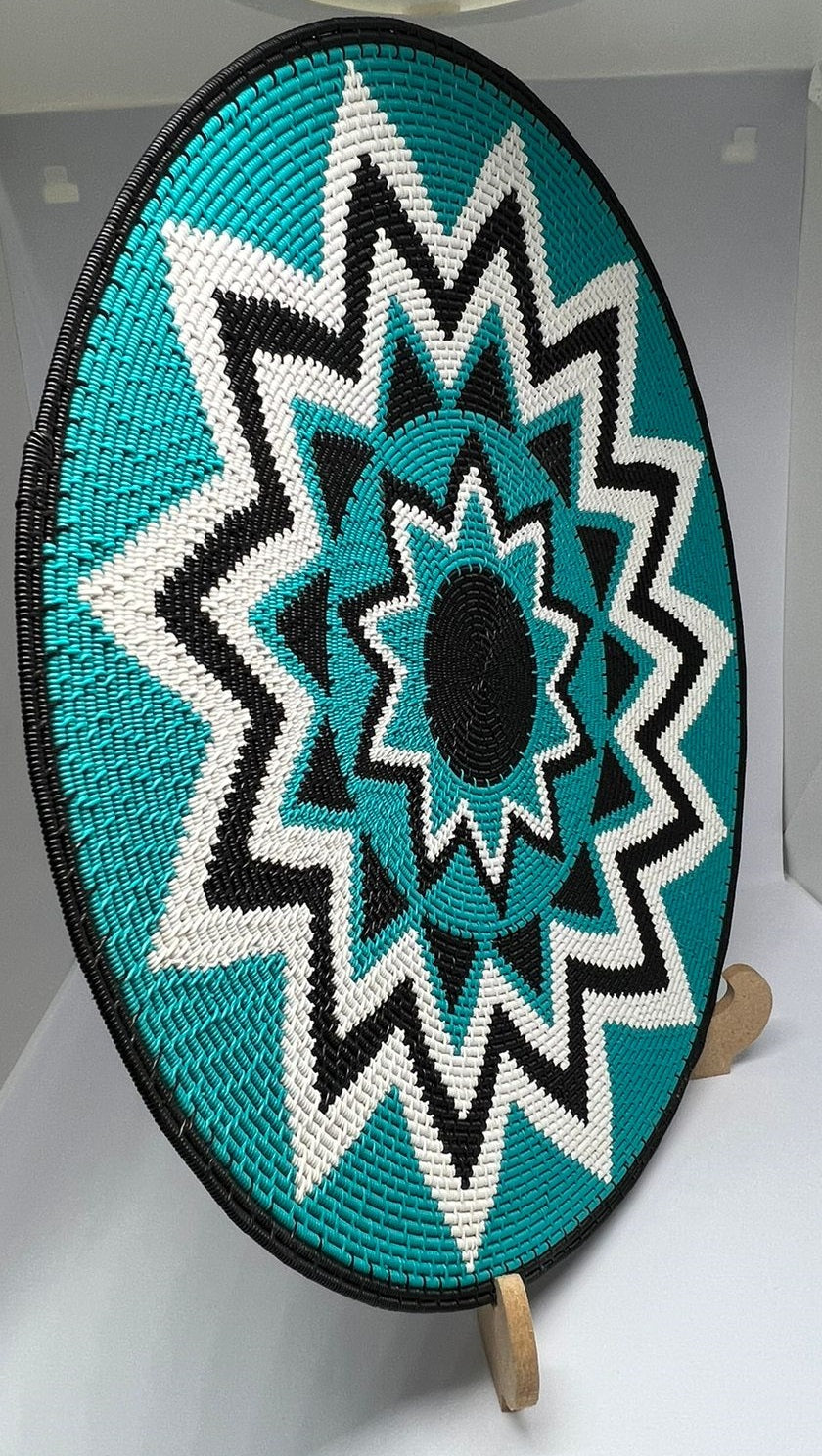 African telephone wire plate - 35cm - Teal, White and Black