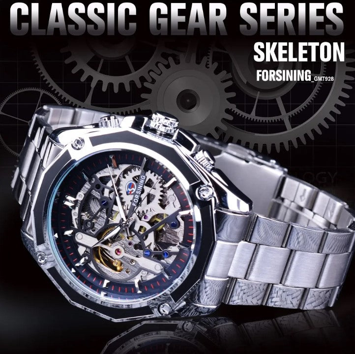Men's Skeleton Automatic Watch - Stainless Steel Bracelet - FORSINING - Silver