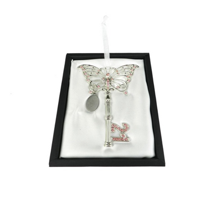 21st Key Butterfly Keepsake with Pink Crystal stones & engraving plate