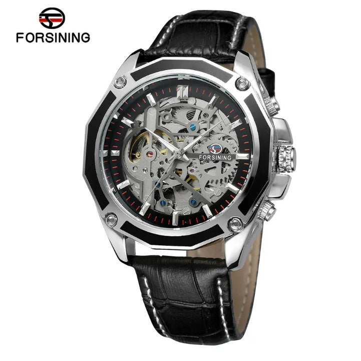 Men's Automatic Watch - Black Leather Band - FORSINING