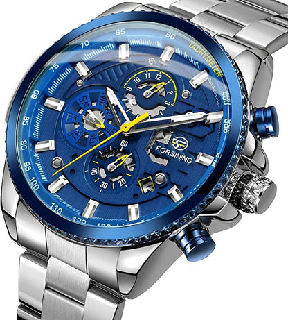 Men's Automatic Winding Chronograph Date Analogue Watch with Stainless Steel Bracelet - FORSINING
