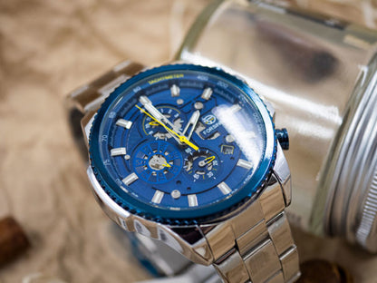 Men's Automatic Winding Chronograph Date Analogue Watch with Stainless Steel Bracelet - FORSINING