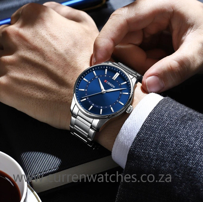 CURREN Sport Men's Watch - Luxury Male Stainless Steel Quartz Wristwatch - Silver and Blue