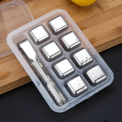 Stainless Steel Ice Cubes - Set of 8 Reusable Chiller Stones with Tong