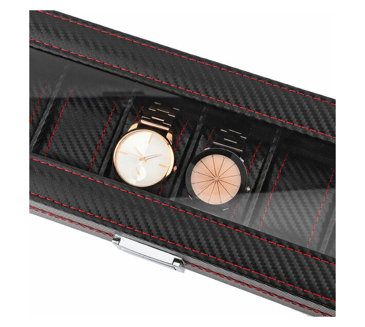 Carbon Fiber Watch Box Display Storage Organizer Case - 6 Slots
