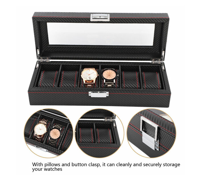 Carbon Fiber Watch Box Display Storage Organizer Case - 6 Slots
